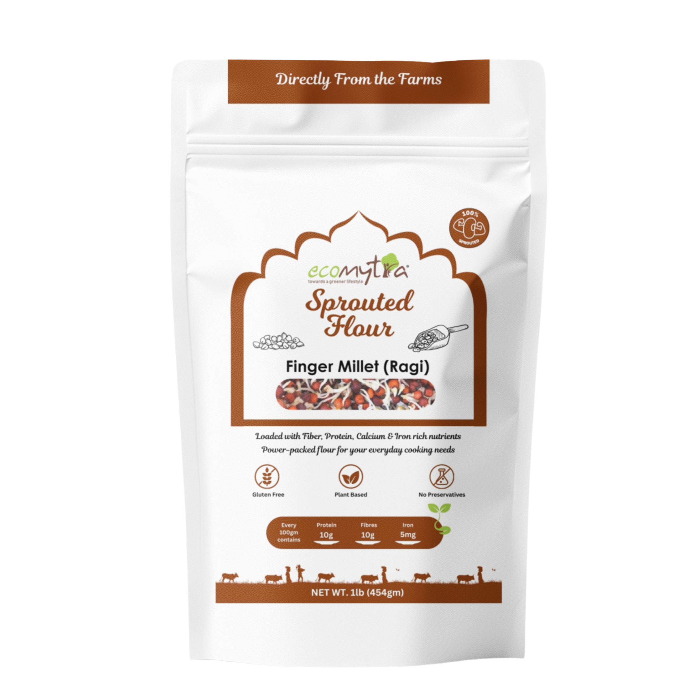 Ecomytra Organic Sprouted Finger Millet (Ragi) Flour (1 lbs)